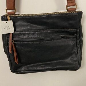 Fossil Black and Brown Leather large crossbody Bag new with tag